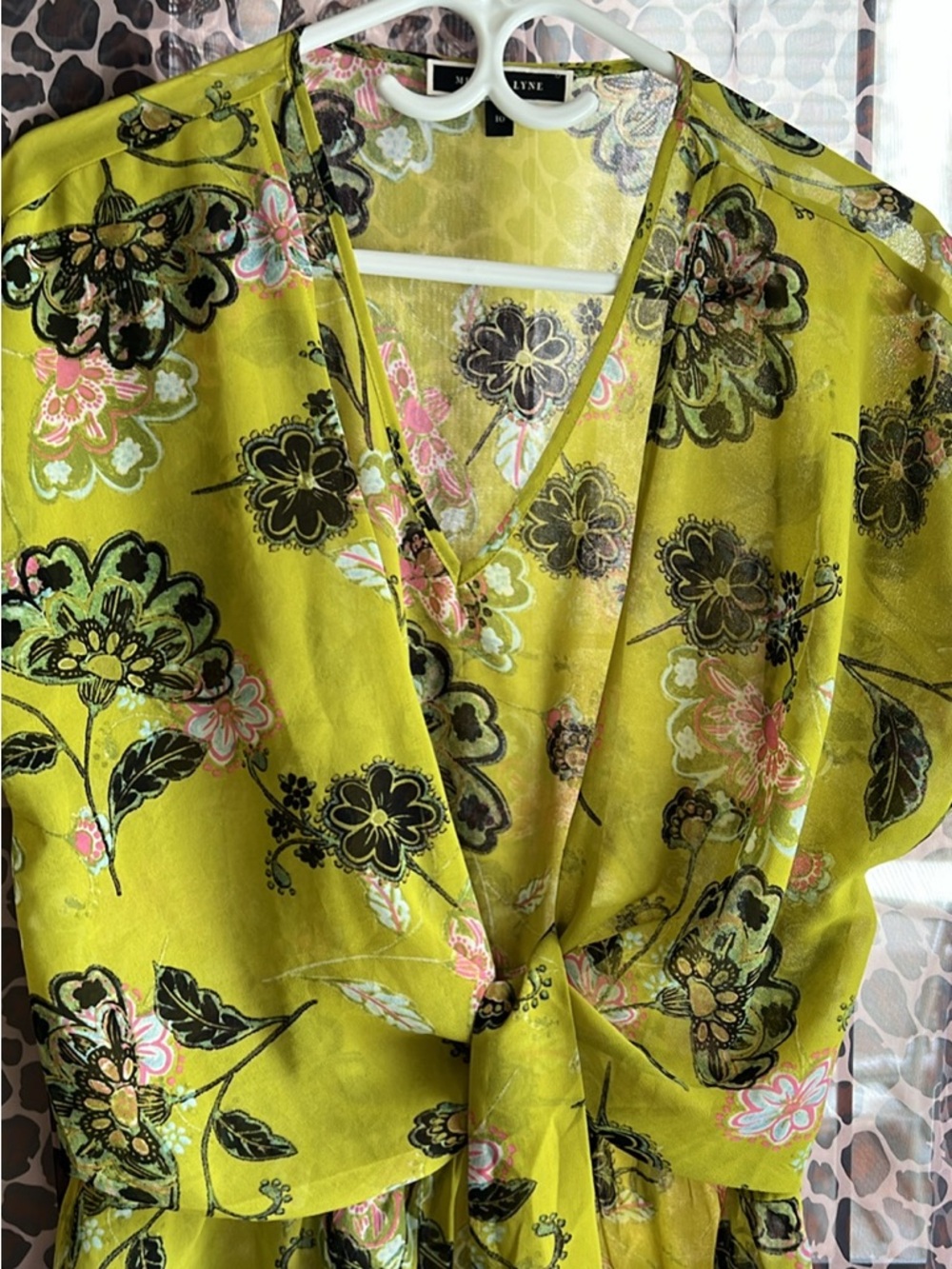Tie-Front Floral V-Neck Blouse in Chartreuse